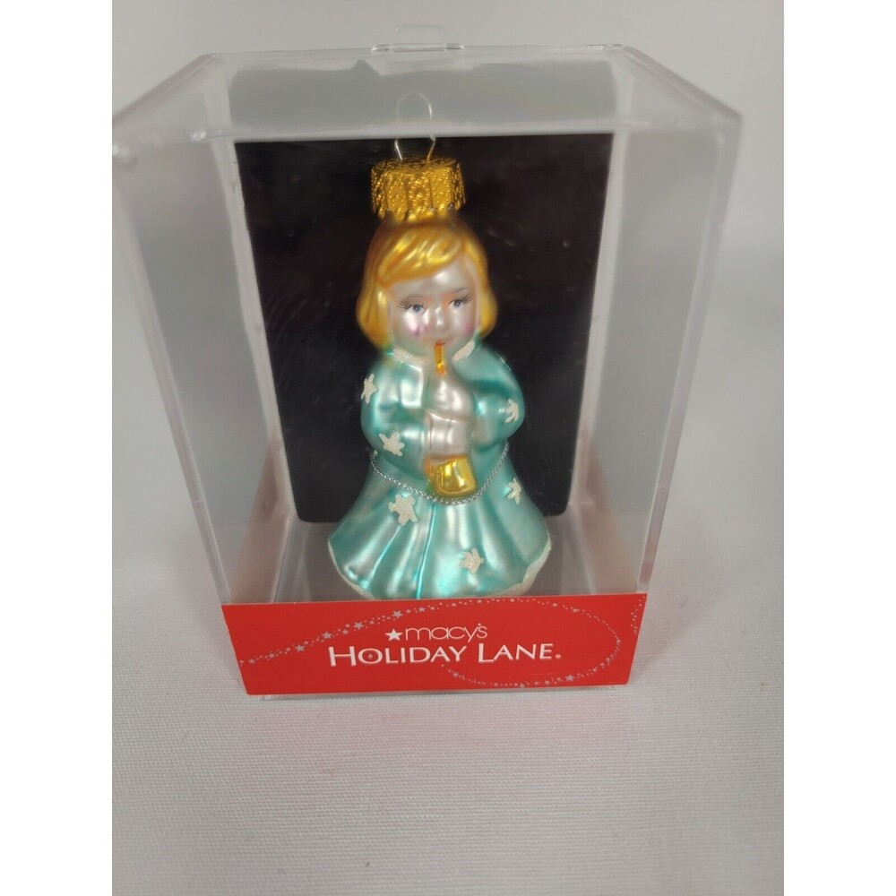 Macy’s Holiday Lane Icon Angel w horn Ornament New In Box Molded‎ Glass